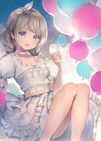 Anime picture 2142x3000 with bang dream! wakamiya eve nogi momoko single long hair tall image looking at viewer blush fringe highres open mouth blue eyes smile holding payot sky bent knee (knees) outdoors braid (braids) :d