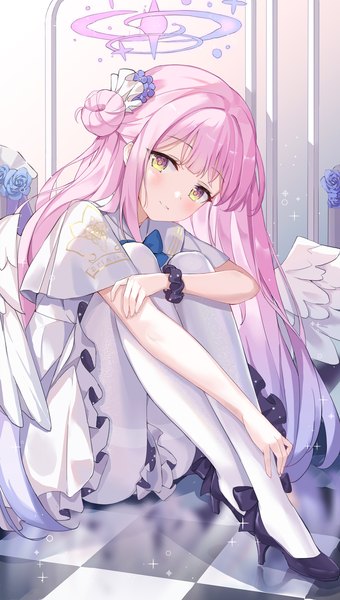 Anime picture 1132x2000 with blue archive mika (blue archive) serika single long hair tall image looking at viewer blush sitting yellow eyes pink hair full body sparkle hair bun (hair buns) checkered floor floor white wings wrist scrunchie leg hug girl