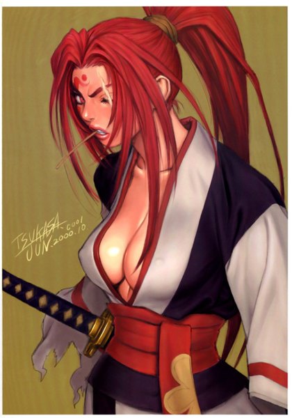 Anime picture 897x1280 with guilty gear baiken tsukasa jun single long hair tall image looking at viewer breasts light erotic simple background red eyes large breasts standing holding signed payot cleavage ponytail red hair traditional clothes