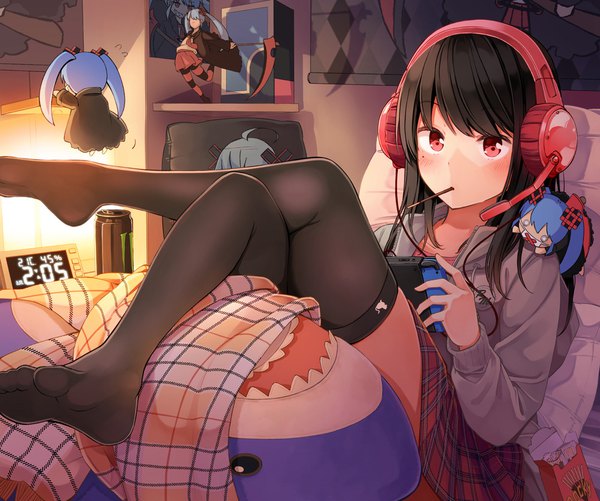 Anime picture 1000x836 with original nintendo monster energy niichi (komorebi-palette) single long hair looking at viewer blush fringe black hair red eyes sitting holding indoors open jacket no shoes crossed legs mouth hold plaid skirt soles