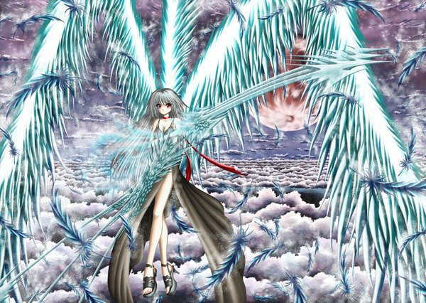 Anime picture 1600x1138 with e.k. single long hair red eyes silver hair cloud (clouds) red moon girl dress weapon wings feather (feathers)