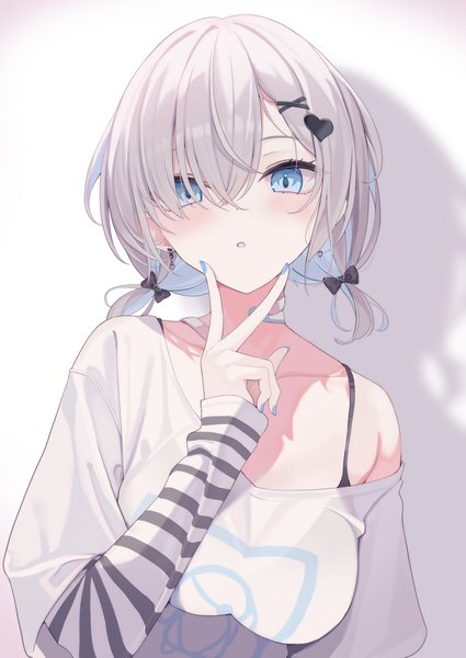Anime picture 1254x1771 with original mizu (lzzrwi603) single tall image looking at viewer fringe short hair blue eyes twintails silver hair upper body nail polish hair over one eye off shoulder shadow low twintails short twintails victory girl hair ornament