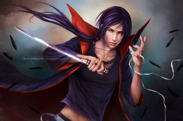 Anime picture 1755x1158 with naruto studio pierrot naruto (series) uchiha itachi zetsuai89 single long hair highres red eyes sky purple hair cloud (clouds) nail polish lips realistic akatsuki sharingan boy ribbon (ribbons) weapon