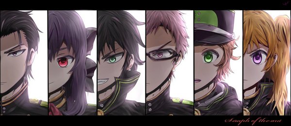 Anime picture 1150x500 with owari no seraph wit studio hiiragi shinoa hyakuya yuuichirou sanguu mitsuba ichinose guren kimizuki shihou saotome yoichi shiroganeyu long hair fringe short hair black hair blonde hair smile red eyes wide image white background purple eyes multiple girls