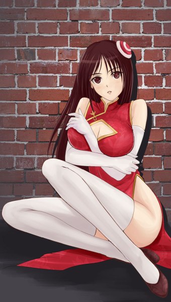 Anime picture 680x1200 with league of legends irelia (league of legends) seiryu zaiten single long hair tall image looking at viewer blush light erotic brown hair brown eyes chinese clothes girl thighhighs gloves white thighhighs elbow gloves chinese dress