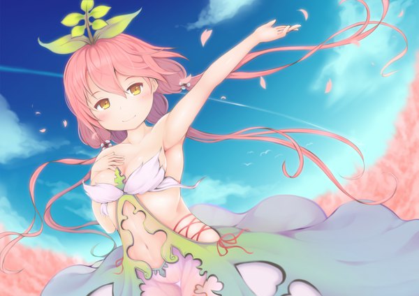Anime picture 1200x848 with granblue fantasy yggdrasil (granblue fantasy) karaage (agetatori) single long hair looking at viewer blush breasts light erotic smile pink hair cloud (clouds) wind blurry armpit (armpits) orange eyes dutch angle depth of field sleeveless outstretched arm
