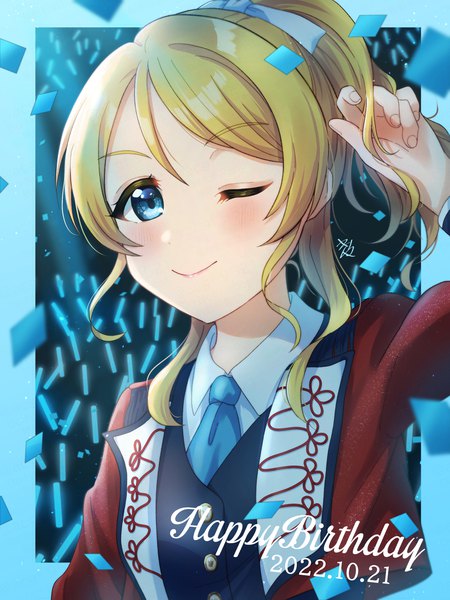 Anime picture 2250x3000 with love live! school idol project sunrise (studio) love live! ayase eli kyaku tatsu single long hair tall image looking at viewer blush highres blue eyes blonde hair smile upper body ponytail one eye closed arm up fingernails wink