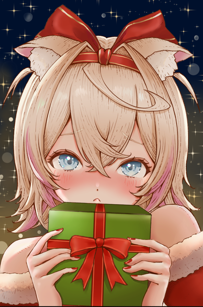 Anime picture 1241x1877 with virtual youtuber hololive hololive english mococo abyssgard tomozoo83 single tall image looking at viewer blush fringe short hair blue eyes blonde hair hair between eyes animal ears upper body nail polish two side up embarrassed christmas