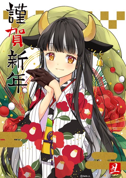 Anime-Bild 855x1200 mit original hazuki natsu single long hair tall image looking at viewer blush fringe black hair signed animal ears yellow eyes upper body blunt bangs traditional clothes japanese clothes multicolored hair horn (horns) twitter username floral print