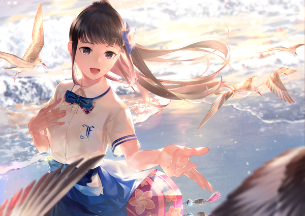 Anime picture 2000x1417 with virtual youtuber aoi ch. fuji aoi sousou (sousouworks) single long hair looking at viewer fringe highres open mouth black hair standing brown eyes payot outdoors ponytail blunt bangs :d hair flower wind