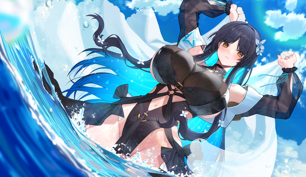 Anime picture 1868x1080 with original xiujia yihuizi single long hair looking at viewer blush fringe highres breasts light erotic black hair hair between eyes wide image large breasts standing brown eyes sky cloud (clouds) outdoors parted lips