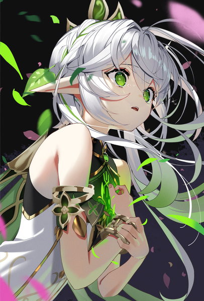 Anime picture 1693x2500 with genshin impact nahida (genshin impact) scottie (phantom2) single long hair tall image open mouth green eyes looking away silver hair upper body ahoge pointy ears side ponytail hand on chest symbol-shaped pupils dark background girl hair ornament petals