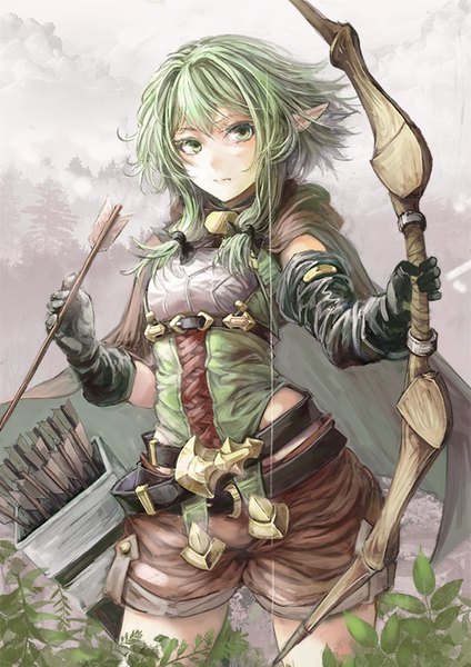 Anime picture 566x800 with goblin slayer! high elf archer (goblin slayer!) inarini usagi single tall image looking at viewer fringe short hair hair between eyes standing holding green eyes payot sky cloud (clouds) outdoors green hair wind pointy ears elf