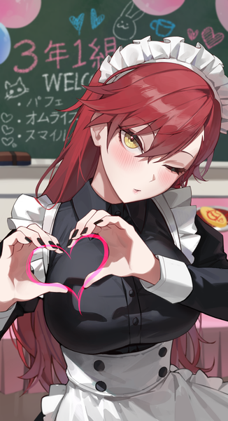 Anime picture 3800x7000 with original maenoo single long hair tall image looking at viewer blush fringe highres hair between eyes yellow eyes absurdres red hair nail polish one eye closed wink maid black nail polish classroom heart hands