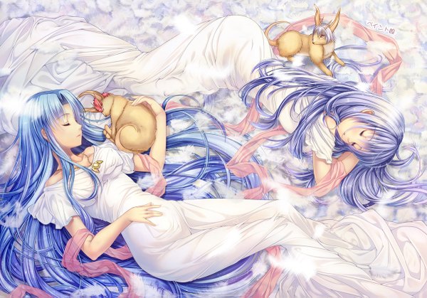 Anime picture 1200x839 with ys falcom (studio) feena reah paint musume long hair multiple girls blue hair lying eyes closed sleeping girl dress 2 girls animal feather (feathers) shawl