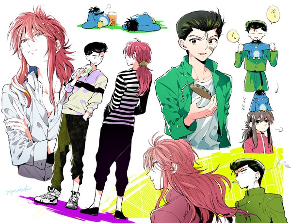 Anime picture 1741x1339 with yu yu hakusho kurama urameshi yuusuke puu (yuu yuu hakusho) hoyano long hair highres short hair black hair red hair multiple boys crossed arms striped hand in pocket smoking casual multiple persona bandaid on face boy uniform