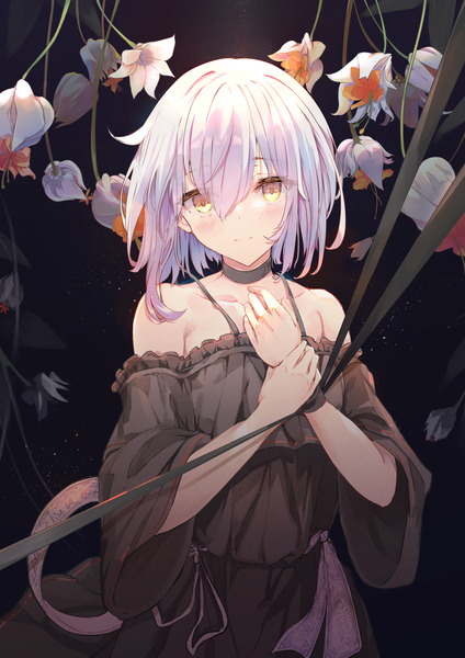 Anime picture 1521x2151 with original koomoi single tall image looking at viewer blush fringe short hair simple background hair between eyes standing bare shoulders yellow eyes white hair wide sleeves black background holding arm girl dress flower (flowers)