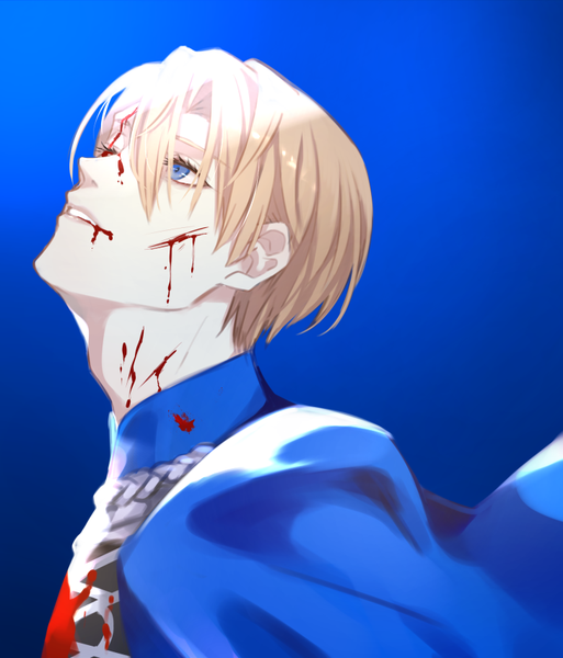Anime picture 730x854 with fire emblem fire emblem: three houses nintendo dimitri alexandre blaiddyd sb (artist) single tall image fringe short hair blue eyes simple background blonde hair hair between eyes parted lips profile looking up blue background blood on face injury cuts