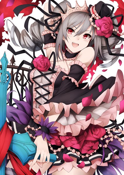 Anime picture 1200x1694 with idolmaster idolmaster cinderella girls kanzaki ranko snm (sunimi) single long hair tall image looking at viewer fringe open mouth smile hair between eyes red eyes standing bare shoulders grey hair wide sleeves drill hair arm behind head lacing