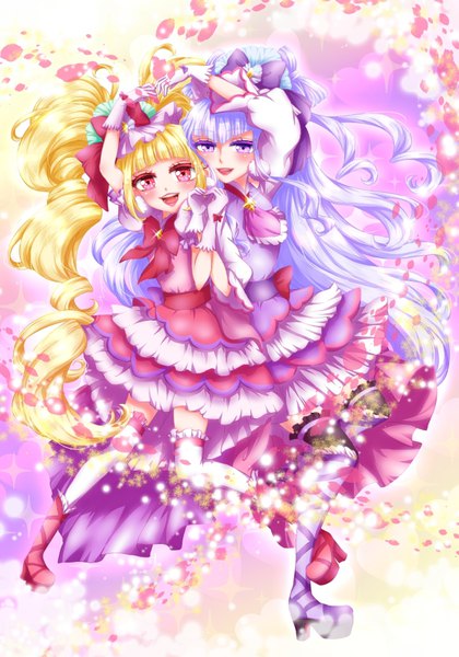 Anime picture 700x1000 with precure hugtto! precure toei animation ruru amour aisaki emiru cure amour cure macherie kimitoiru nichi tall image looking at viewer fringe open mouth blonde hair smile twintails purple eyes multiple girls purple hair full body blunt bangs