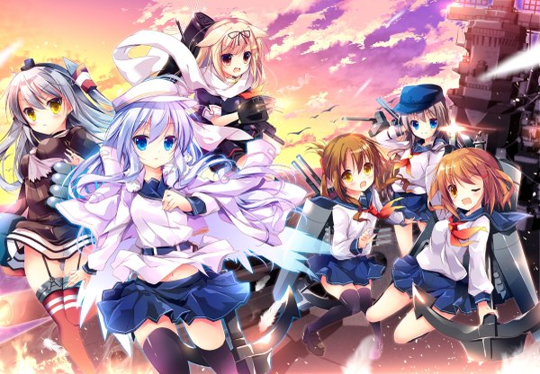 Anime picture 1200x833 with kantai collection hibiki destroyer amatsukaze destroyer yuudachi destroyer verniy destroyer akatsuki destroyer inazuma destroyer ikazuchi destroyer long hair blush short hair open mouth blue eyes blonde hair brown hair multiple girls brown eyes sky silver hair cloud (clouds)