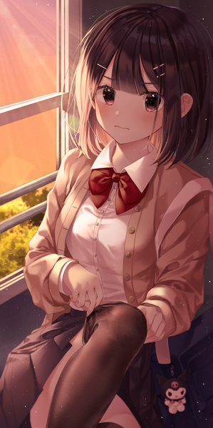Anime picture 2500x5015 with onegai my melody kuromi myowa single long hair tall image looking at viewer blush fringe highres brown hair sitting brown eyes indoors blunt bangs pleated skirt sunlight sunbeam dust girl