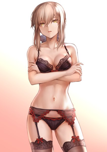 Anime picture 1302x1842 with fate (series) fate/grand order artoria pendragon (all) saber alter mashuu (neko no oyashiro) single tall image looking at viewer fringe short hair breasts open mouth light erotic blonde hair simple background hair between eyes yellow eyes payot cleavage underwear only