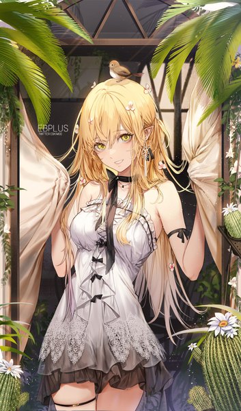 Anime picture 800x1360 with original kim eb single long hair tall image looking at viewer fringe blonde hair smile hair between eyes standing bare shoulders holding signed yellow eyes head tilt hair flower pointy ears arms up grin