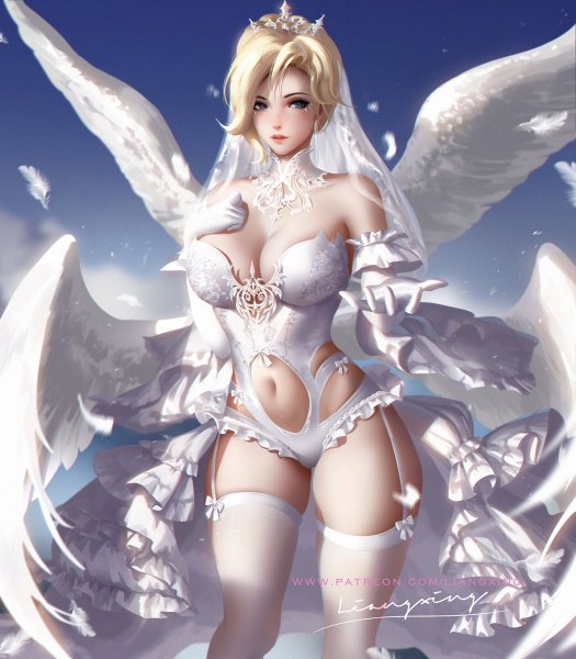 Anime picture 1050x1200 with overwatch blizzard entertainment mercy (overwatch) liang xing single tall image looking at viewer blush fringe short hair breasts blue eyes light erotic blonde hair hair between eyes large breasts bare shoulders signed sky cleavage