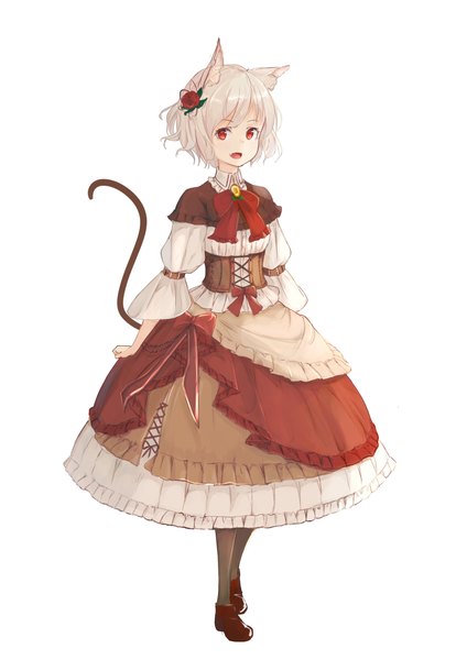 Anime picture 1984x2806 with original lumo 1121 single tall image looking at viewer fringe highres short hair open mouth simple background smile red eyes white background animal ears white hair tail long sleeves animal tail hair flower cat ears