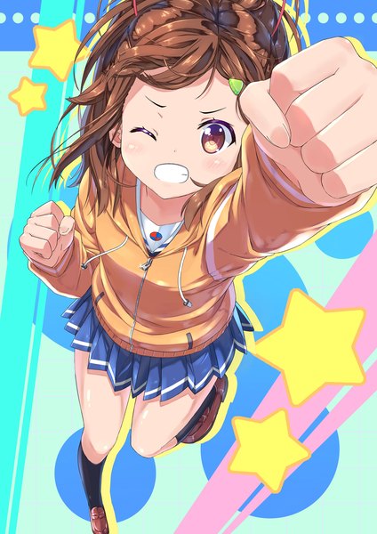 Anime picture 1000x1415 with high school fleet irizaki mei changaa single long hair tall image looking at viewer smile brown hair brown eyes full body ponytail pleated skirt one eye closed from above wink grin girl skirt uniform