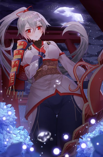 Anime picture 700x1062 with fate (series) fate/grand order tomoe gozen (fate) crying eye single long hair tall image looking at viewer blush fringe hair between eyes red eyes standing holding silver hair cloud (clouds) outdoors ponytail traditional clothes japanese clothes