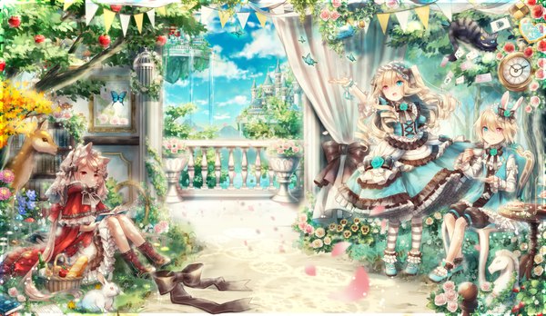 Anime picture 3528x2047 with alice in wonderland little red riding hood original cheshire cat yumeichigo alice long hair looking at viewer fringe highres short hair open mouth blue eyes blonde hair smile hair between eyes red eyes wide image standing sitting multiple girls