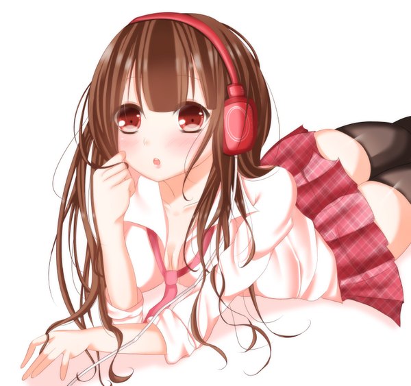 Anime picture 1549x1455 with original yue (id4220878) single long hair looking at viewer blush open mouth simple background red eyes brown hair white background zettai ryouiki girl thighhighs skirt black thighhighs necktie headphones