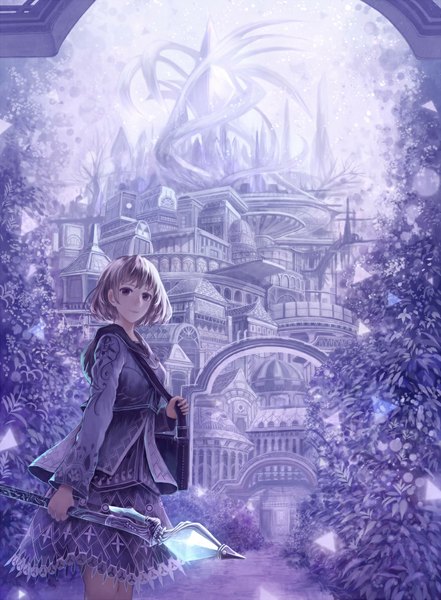 Anime picture 875x1190 with original bounin single tall image looking at viewer short hair purple eyes purple hair light smile city girl plant (plants) building (buildings) bag staff crystal