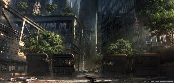 Anime picture 1100x525 with crysis tiger1313 wide image sunlight shadow city ruins death plant (plants) tree (trees) ground vehicle car