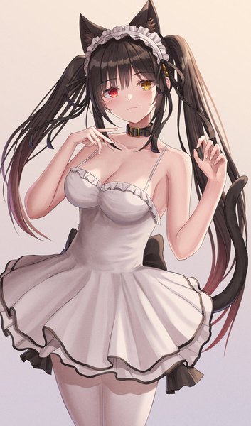 Anime picture 1200x2039 with date a live tokisaki kurumi seungju lee single long hair tall image looking at viewer blush fringe breasts light erotic black hair simple background smile red eyes standing twintails animal ears yellow eyes payot