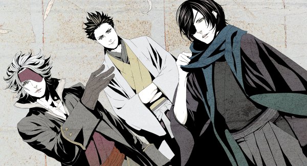 Anime picture 1200x650 with sengoku basara production i.g date masamune motochika chousokabe tokugawa ieyasu npn short hair open mouth black hair simple background wide image yellow eyes traditional clothes japanese clothes grey hair grey eyes dutch angle group crossed arms silver eyes