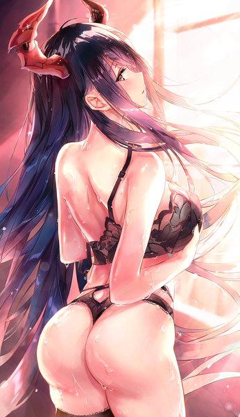 Anime picture 807x1400 with azur lane friedrich der grosse (azur lane) eien no juu nana-sa single long hair tall image looking at viewer blush fringe breasts open mouth light erotic black hair large breasts standing payot ass indoors profile looking back