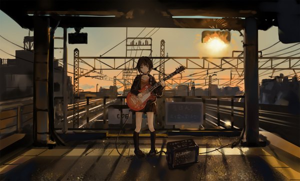 Anime picture 2000x1209 with original catzz single looking at viewer fringe highres short hair brown hair wide image standing holding brown eyes sky cloud (clouds) outdoors shadow evening sunset girl skirt