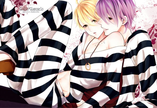 Anime picture 974x669 with lucky dog giulio di bondone gian carlo komichi96 fringe short hair light erotic blonde hair hair between eyes purple eyes bare shoulders brown eyes signed purple hair bent knee (knees) parted lips profile multiple boys bare belly character names