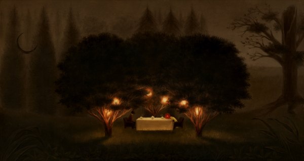 Anime picture 1507x800 with hatenax5 (artist) wide image night landscape crescent gloom flower (flowers) plant (plants) tree (trees) moon table suit cup forest lamp bunny teapot