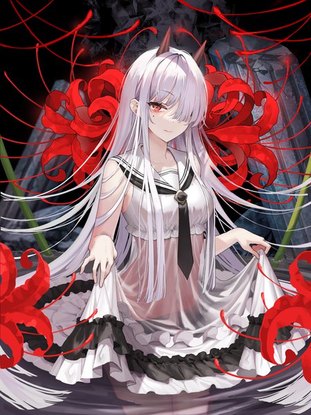 Anime picture 1535x2047 with original okuma mai single long hair tall image looking at viewer fringe red eyes standing white hair horn (horns) hair over one eye mole mole under eye partially submerged sailor collar girl flower (flowers) water necktie