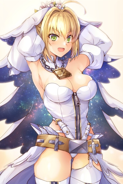 Anime picture 2755x4105 with fate (series) fate/grand order fate/extra fate/extra ccc nero claudius (fate) (all) nero claudius (bride) (fate) samoore single tall image blush fringe highres short hair breasts open mouth light erotic blonde hair simple background hair between eyes large breasts