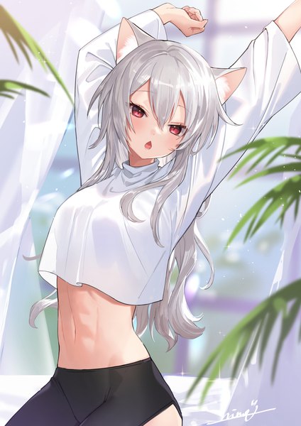Anime picture 1191x1684 with original nima (niru54) single long hair tall image looking at viewer blush fringe open mouth hair between eyes red eyes sitting animal ears silver hair cat ears arms up midriff stretch girl