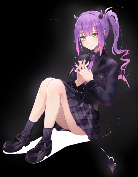 Anime picture 1465x1873 with virtual youtuber hololive tokoyami towa tokoyami towa (school uniform) megu (pixiv9460065) single long hair tall image looking at viewer fringe simple background sitting green eyes payot purple hair ponytail tail nail polish pleated skirt horn (horns)