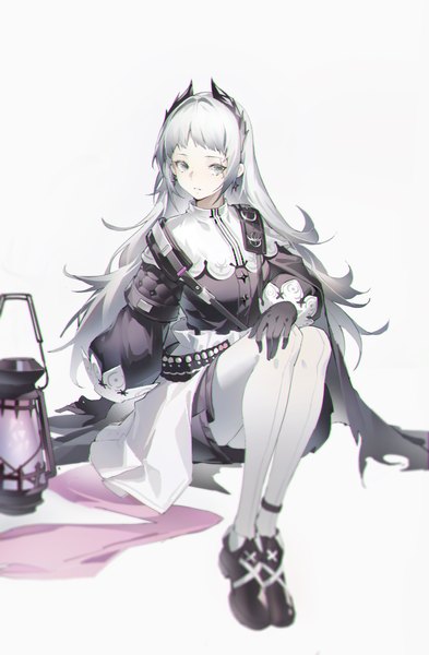 Anime-Bild 3197x4878 mit arknights irene (arknights) madao single long hair tall image fringe highres simple background white background sitting looking away absurdres silver hair full body blunt bangs horn (horns) silver eyes girl gloves