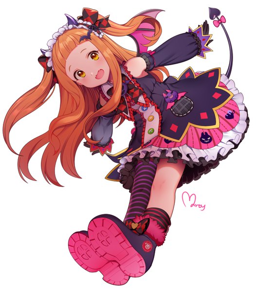 Anime picture 764x871 with idolmaster idolmaster cinderella girls ichihara nina marty (chochomi16) single long hair tall image looking at viewer blush fringe open mouth signed yellow eyes full body blunt bangs orange hair two side up spread arms soles halloween