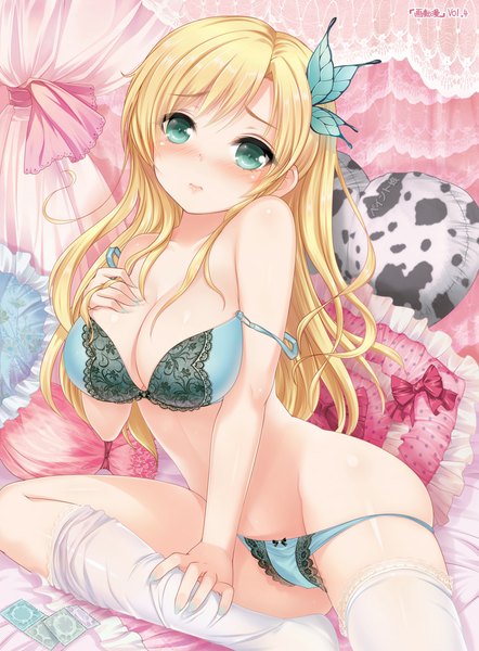 Anime picture 737x1000 with boku wa tomodachi ga sukunai kashiwazaki sena paint musume single long hair tall image looking at viewer blush breasts blue eyes light erotic blonde hair large breasts underwear only lipstick hand on chest loose panties girl thighhighs hair ornament