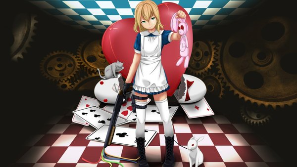 Anime picture 1914x1080 with alice in wonderland alice (wonderland) sody (artist) single highres short hair blonde hair wide image standing green eyes checkered floor girl thighhighs gloves weapon white thighhighs boots heart gun cat
